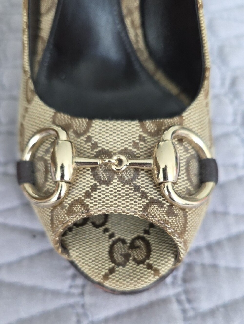 Gucci Brown GG Canvas Peep-Toe Heels with Gold Horsebit - Picture 7 of 12